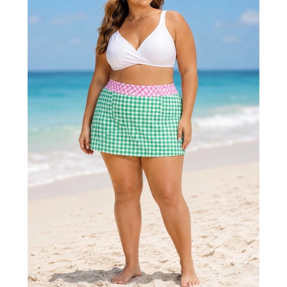 Draper James x Lands' End Swim Skirt 18W Green Pink Gingham Plus Size Preppy